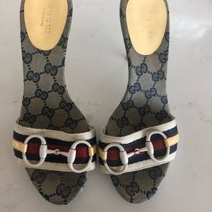 Horsebit Web Stripe Canvas Logo Slides Platforms